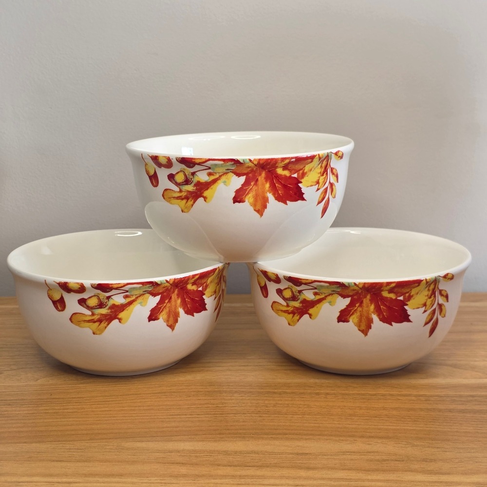 New Set Of 3-Royal Norfolk Autumn Leaves & Acorns Ceramic Soup Cereal Bowls 6"